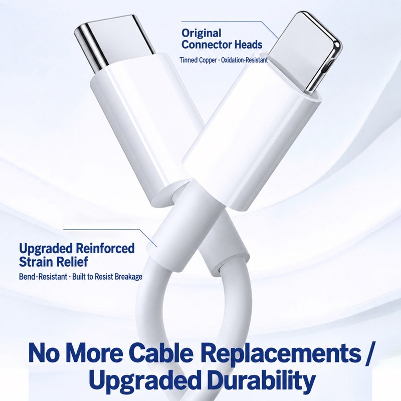 Upgraded reinforced strain relief at the original connector heads, bend-resistant and built to resist breakage