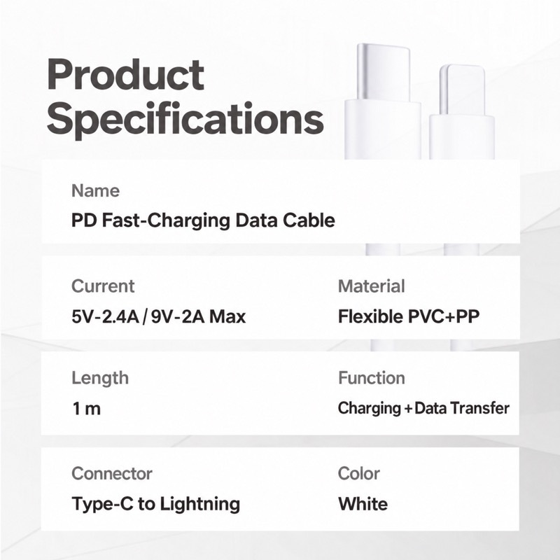 Product specification panel: PD fast-charging data cable, 5V-2.4A / 9V-2A max, 1 m, Type-C to Lightning, flexible PVC and PP, white