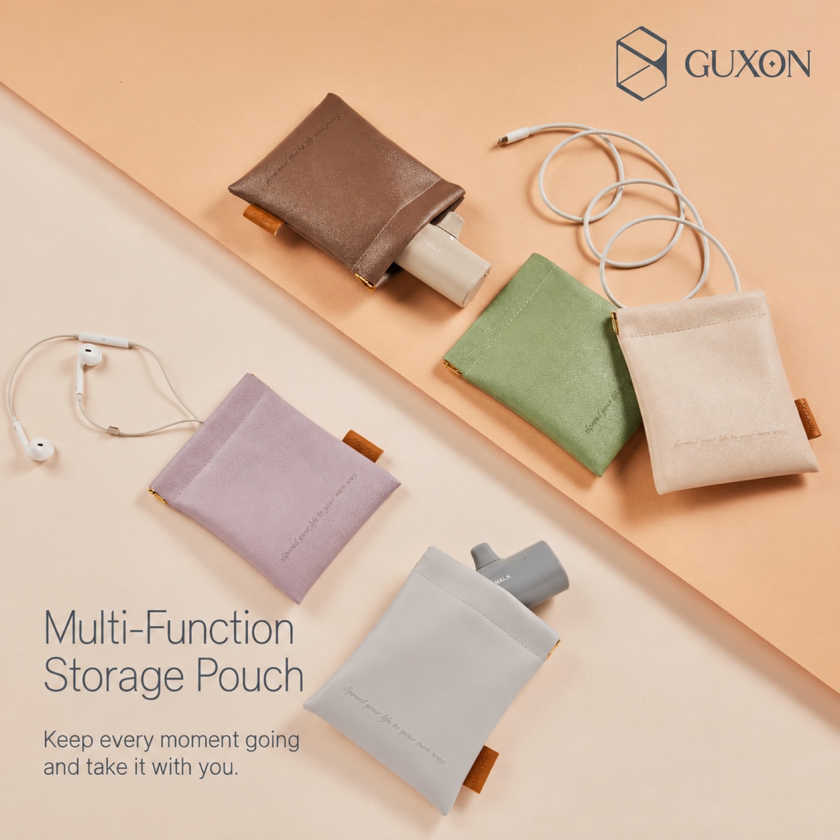GUXON multi-function leather storage pouch in several colours with earphones and small accessories