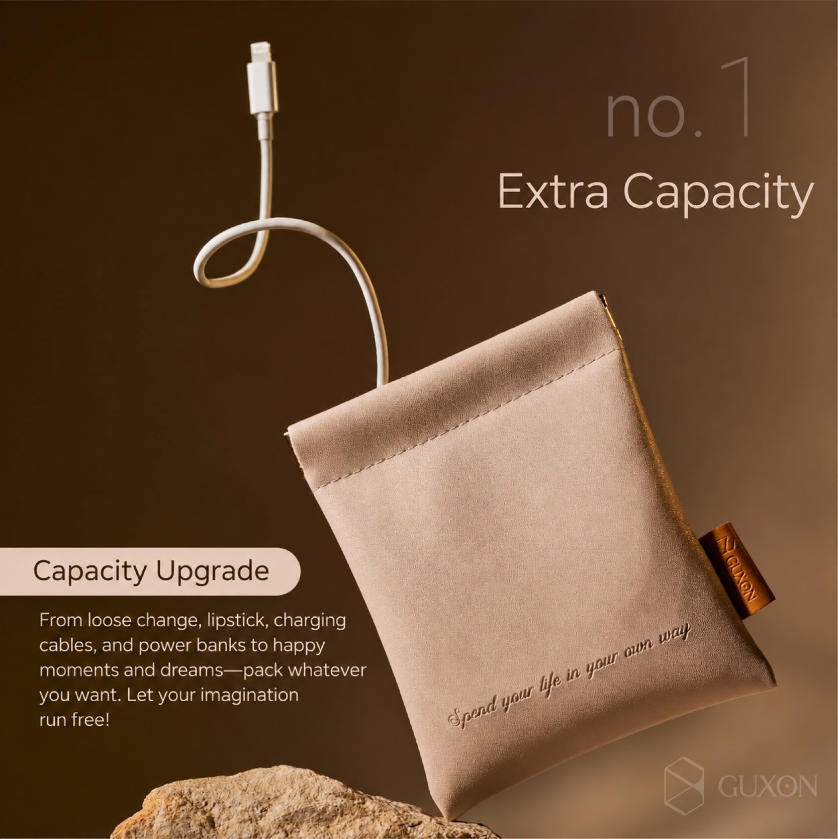 Feature no.1 extra capacity: the pouch holds a power bank, lipstick, charging cables and more