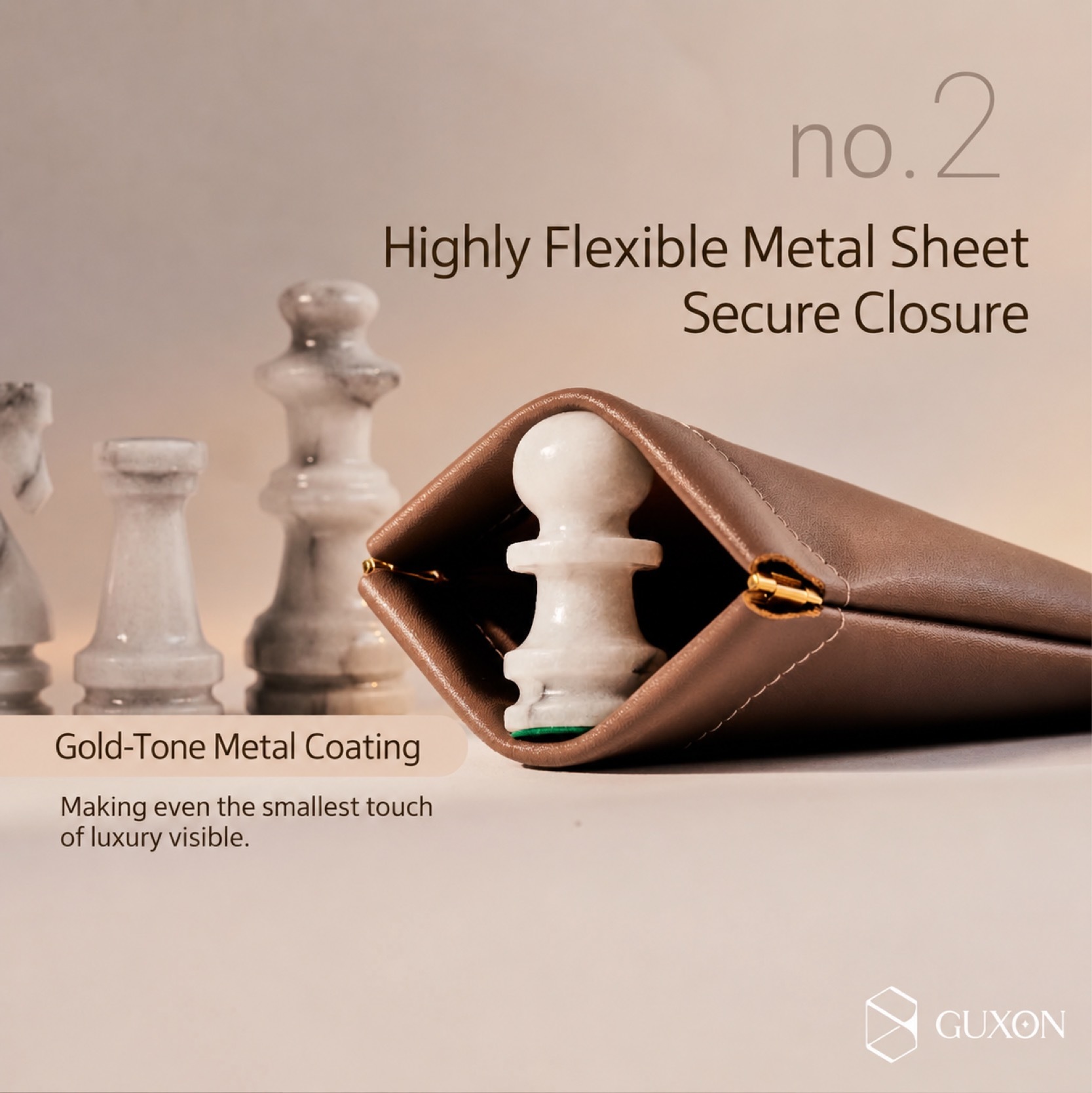 Feature no.2 highly flexible metal sheet with gold-tone metal coating for a secure closure