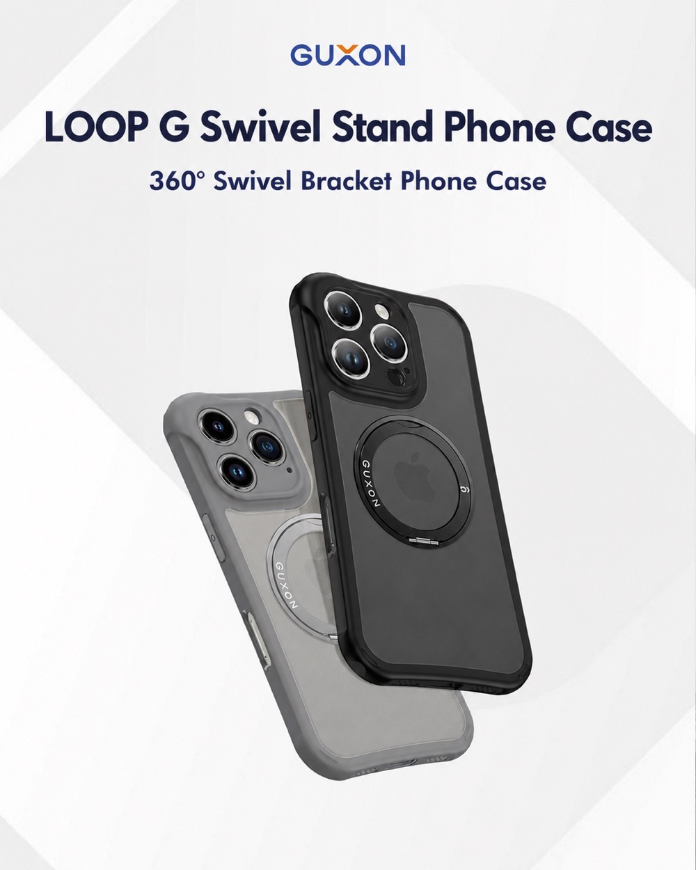GUXON LOOP G swivel stand phone case with a 360 degree swivel bracket, shown in black and grey