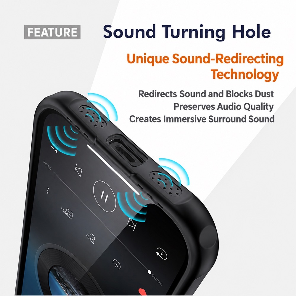 Sound turning hole with unique sound-redirecting technology that blocks dust and preserves audio quality