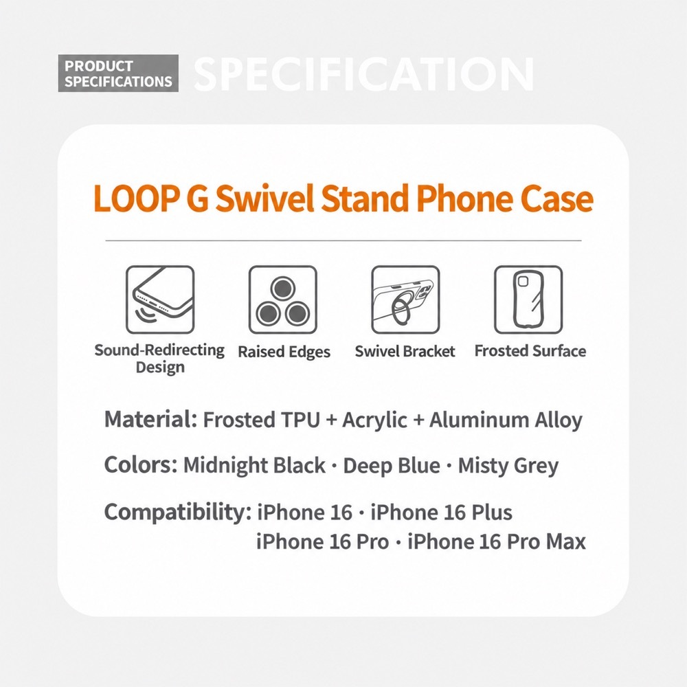 LOOP G specification panel: frosted TPU, acrylic and aluminium alloy; midnight black, deep blue and misty grey; compatible with iPhone 16, 16 Plus, 16 Pro and 16 Pro Max