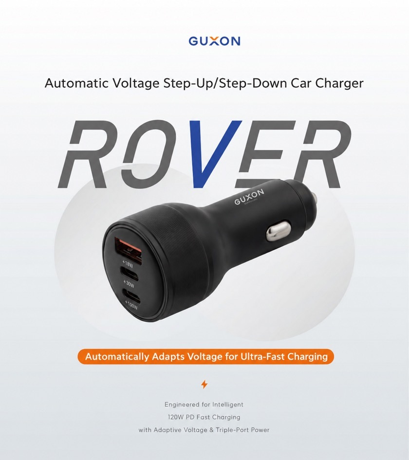 GUXON ROVER car charger product shot with the product slogan, showing the charger’s exterior design
