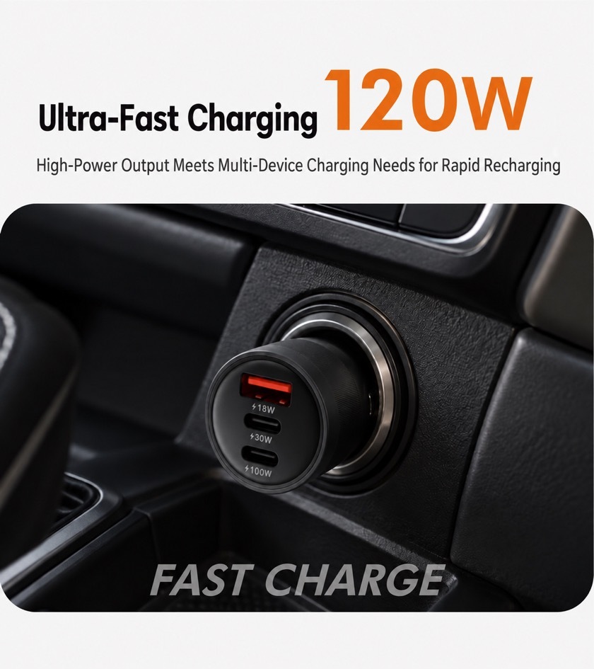 GUXON LQ-102 car charger fast-charging explainer, marked with up to 120W high-power output