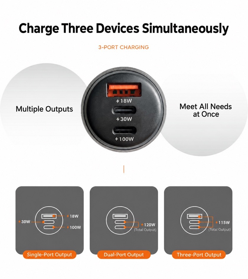 GUXON car charger charging three devices at once, showing multi-port output connected to three devices