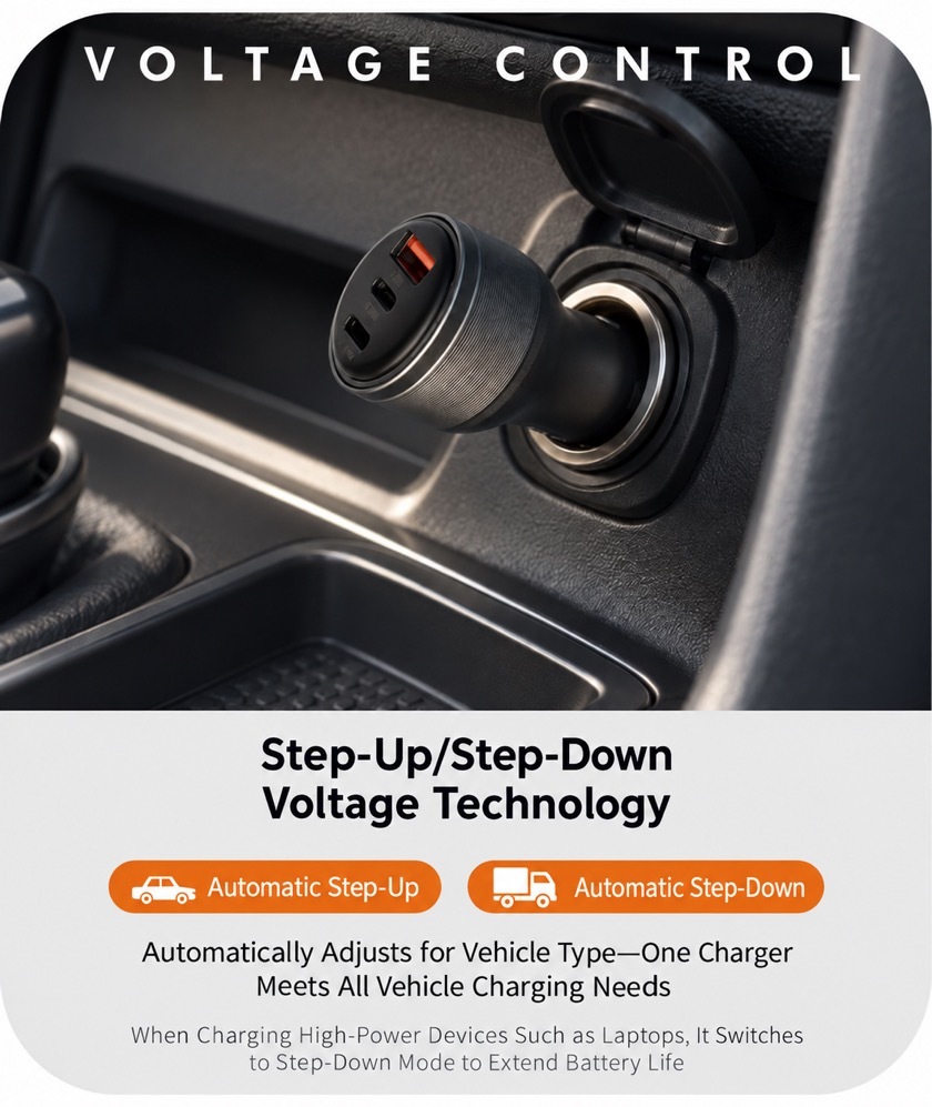GUXON car charger step-up/step-down explainer, showing automatic voltage adjustment by vehicle type