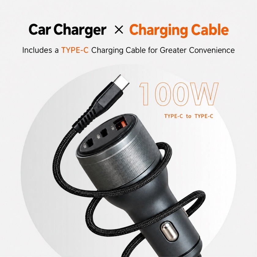 GUXON car charger with the included 100W Type-C cable, showing the cable alongside the charger