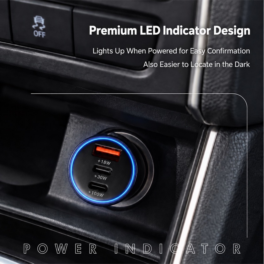 Close-up of the GUXON car charger ring-light design, showing the body and the ring lighting