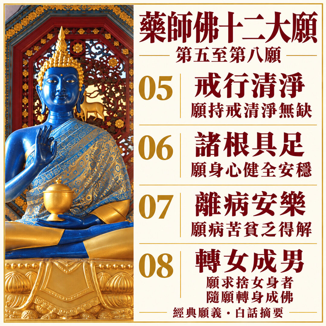 藥師佛十二大願第五至第八願：戒行清淨、諸根具足、離病安樂、轉女成男