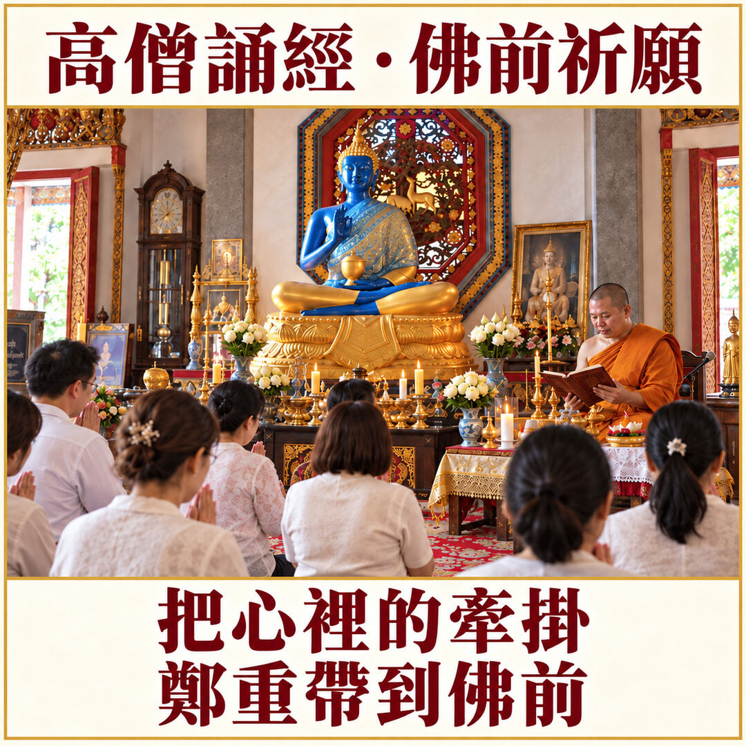 高僧誦經與信眾佛前祈願的儀式情境示意