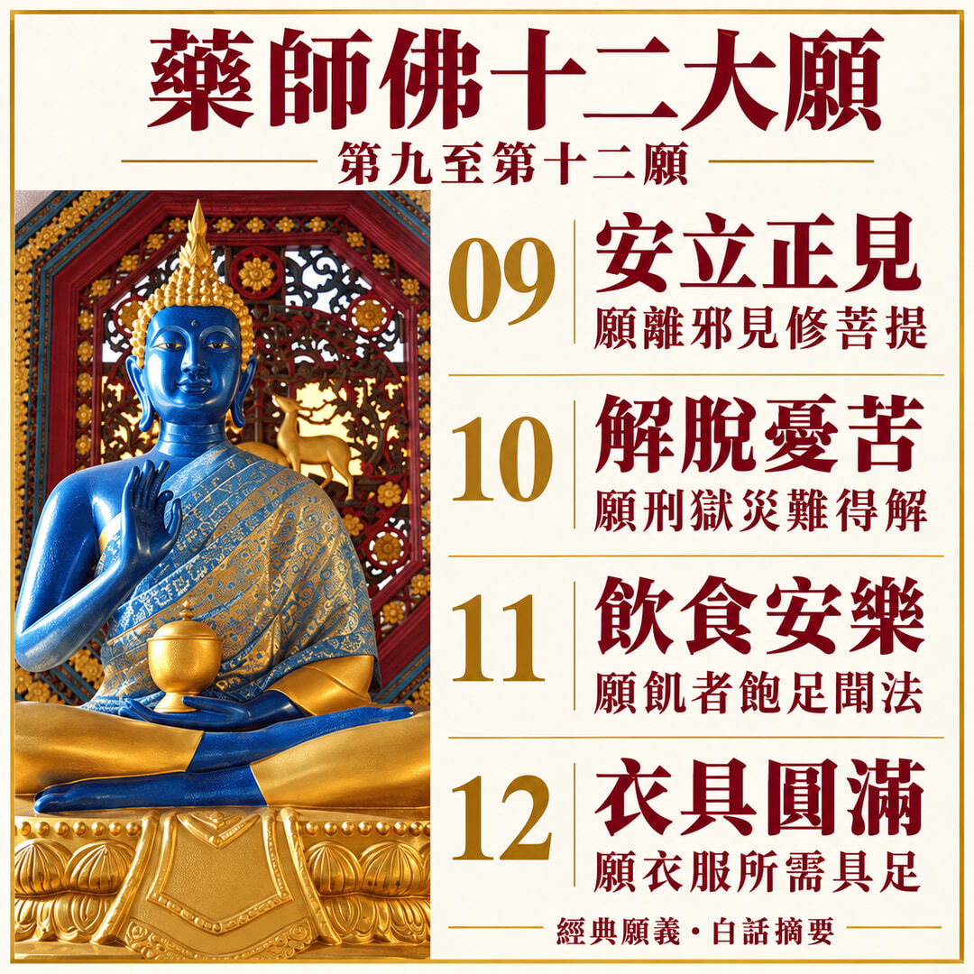 藥師佛十二大願第九至第十二願：安立正見、解脫憂苦、飲食安樂、衣具圓滿