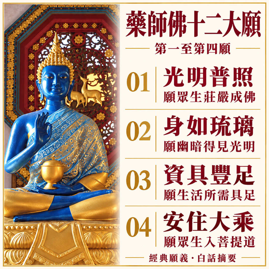 藥師佛十二大願第一至第四願：光明普照、身如琉璃、資具豐足、安住大乘