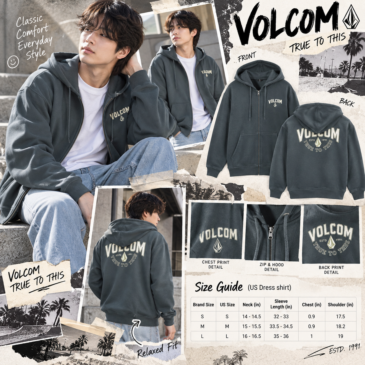 【預購】VOLCOM N101016 Airwalk 男裝拉鏈連帽外套 (藍灰色)