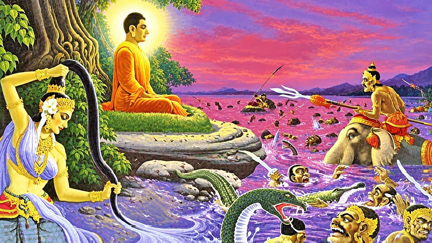 佛陀菩提樹下修行與大地女神擰髮退魔的故事畫