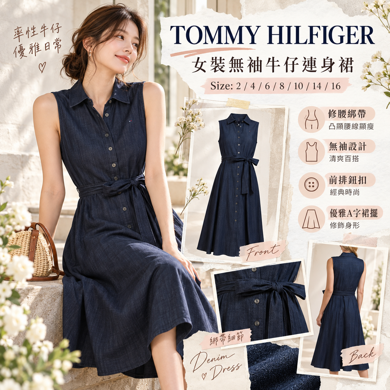 【預購】TOMMY HILFIGER N101034 無袖繫帶連身裙 (深藍色)