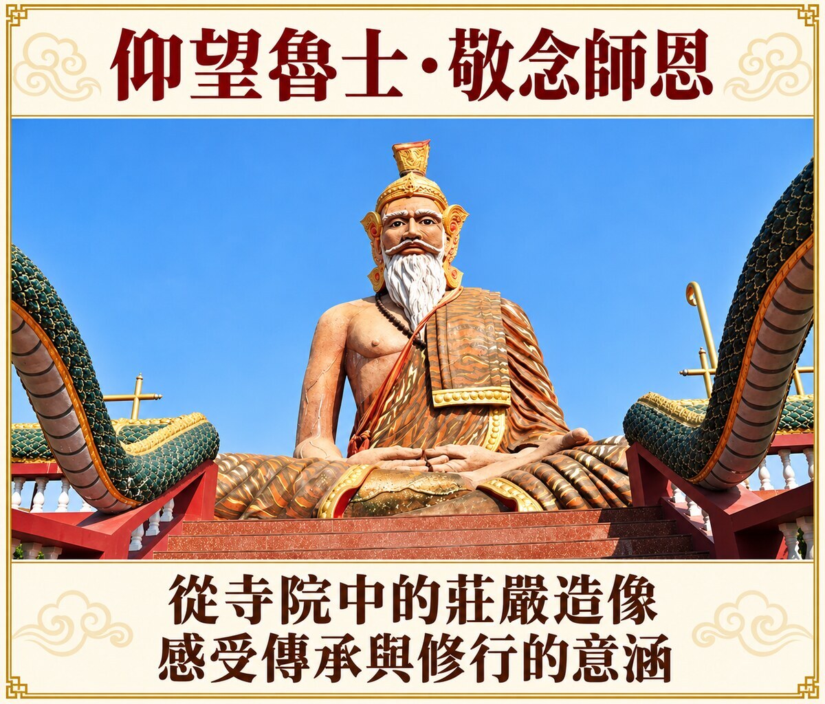 寺院階梯與那伽欄杆之間的魯士坐像