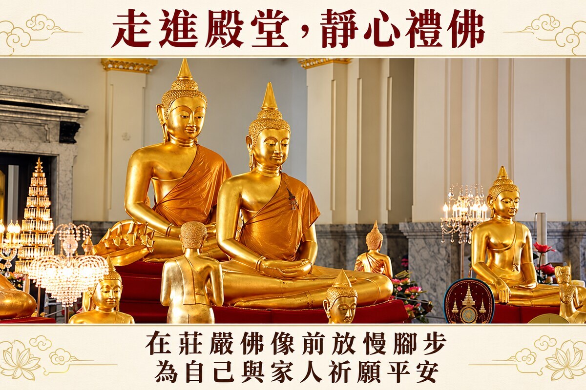所通寺內的金色坐佛與禮佛空間
