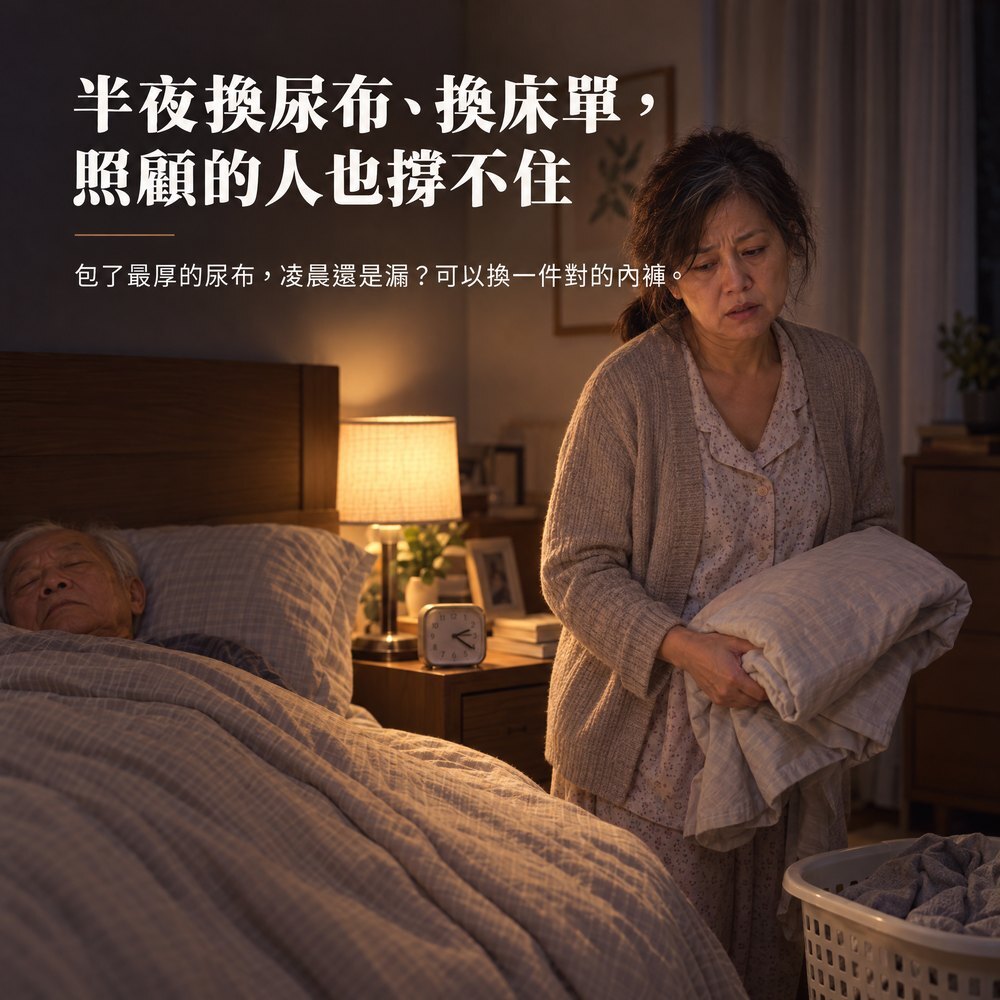 半夜換尿布、換床單,照顧的人也撐不住 深夜臥室裡,女兒抱著乾淨床單站在床邊,年邁父親躺在床上;包了最厚的尿布凌晨還是漏,可以換成 IOHS 十分幸福美國照護款可水洗防漏尿內褲。