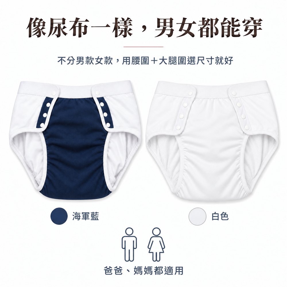 像尿布一樣,男女都能穿 美國照護款防漏尿內褲海軍藍與白色兩色平拍,不分男款女款,用腰圍加大腿圍選尺寸,爸爸媽媽都適用。