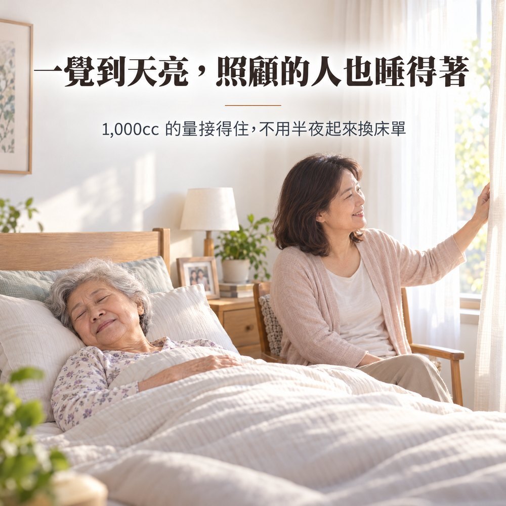 一覺到天亮,照顧的人也睡得著 早晨長輩安睡在乾淨床上,女兒在一旁拉開窗簾微笑;1,000cc 吸水量接得住,不用半夜起來換床單。