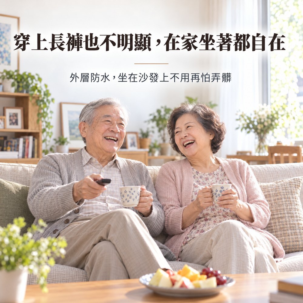 穿上長褲也不明顯,在家坐著都自在 爺爺奶奶坐在客廳沙發看電視喝茶大笑,穿著照護款外搭長褲不明顯,外層防水不怕弄髒沙發。