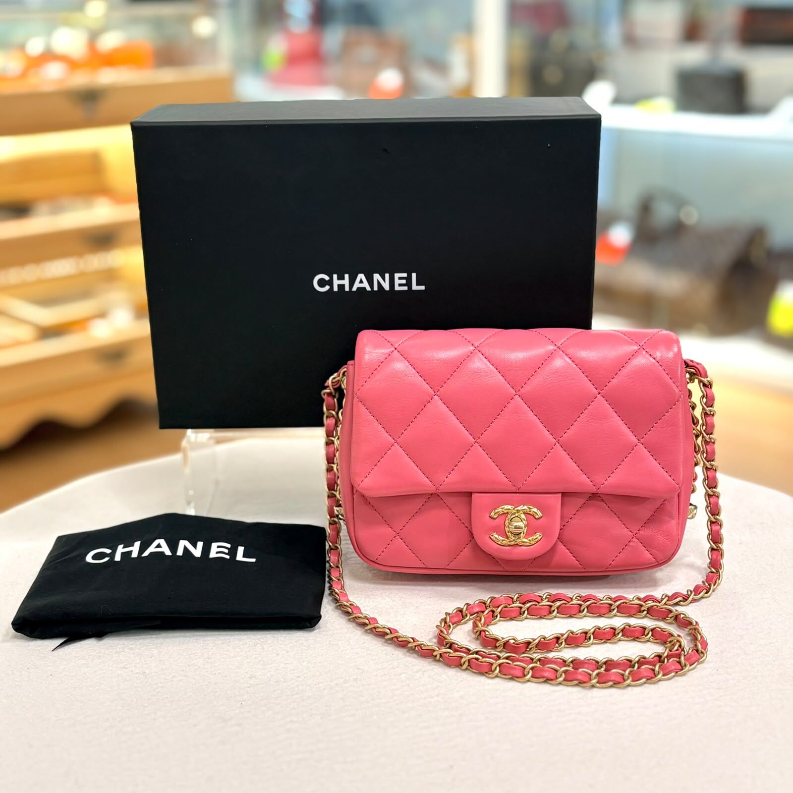 98%NEW USED CHANEL斜背袋 Dynasty Flap Bag 粉色羊皮金扣 SMALL #香榭站正品