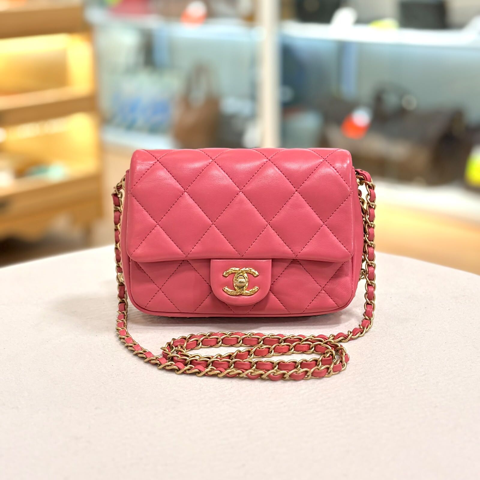 98%NEW USED CHANEL斜背袋 Dynasty Flap Bag 粉色羊皮金扣 SMALL #香榭站正品