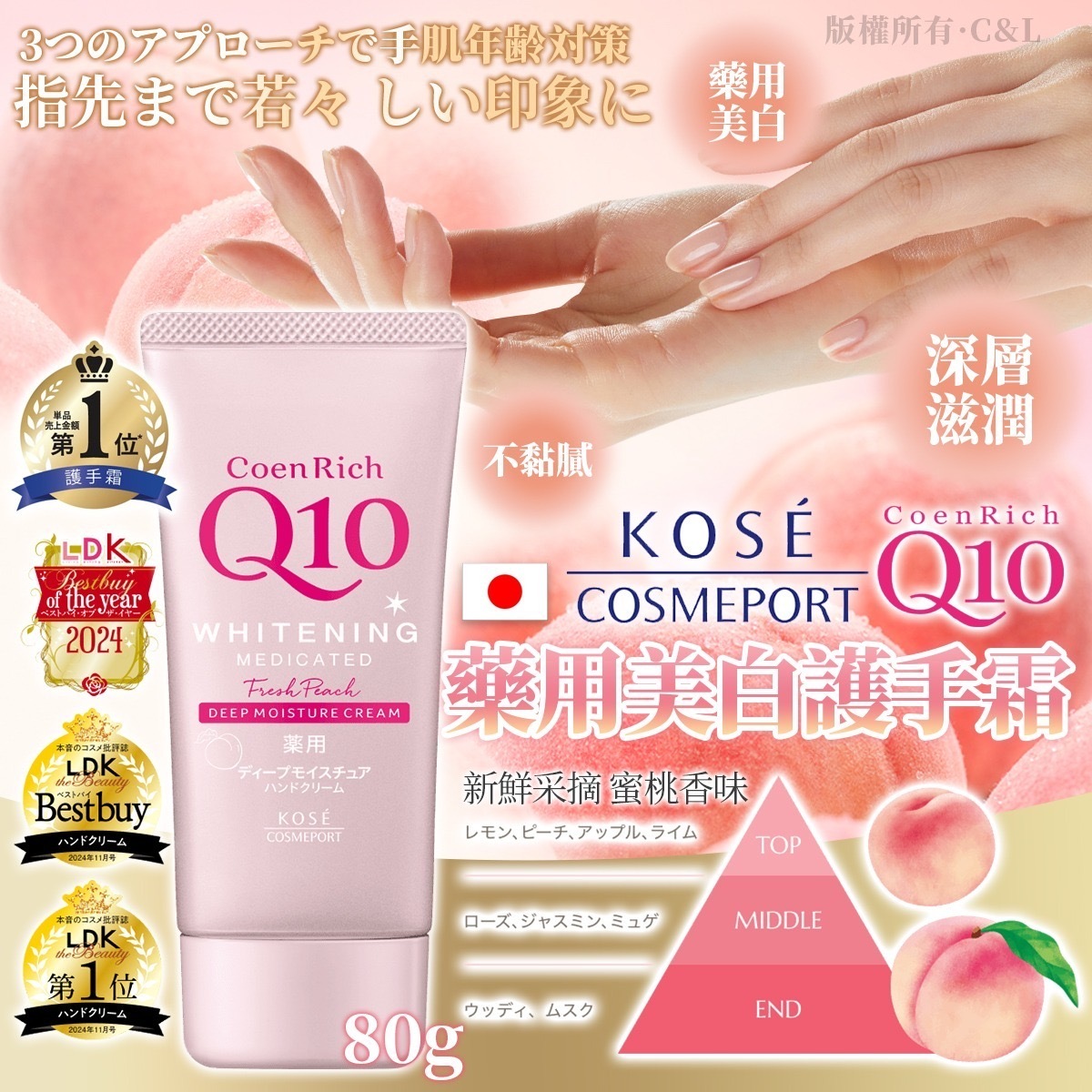 日本KOSE CoenRich Q10藥用美白護手霜新鮮採摘蜜桃香味80g