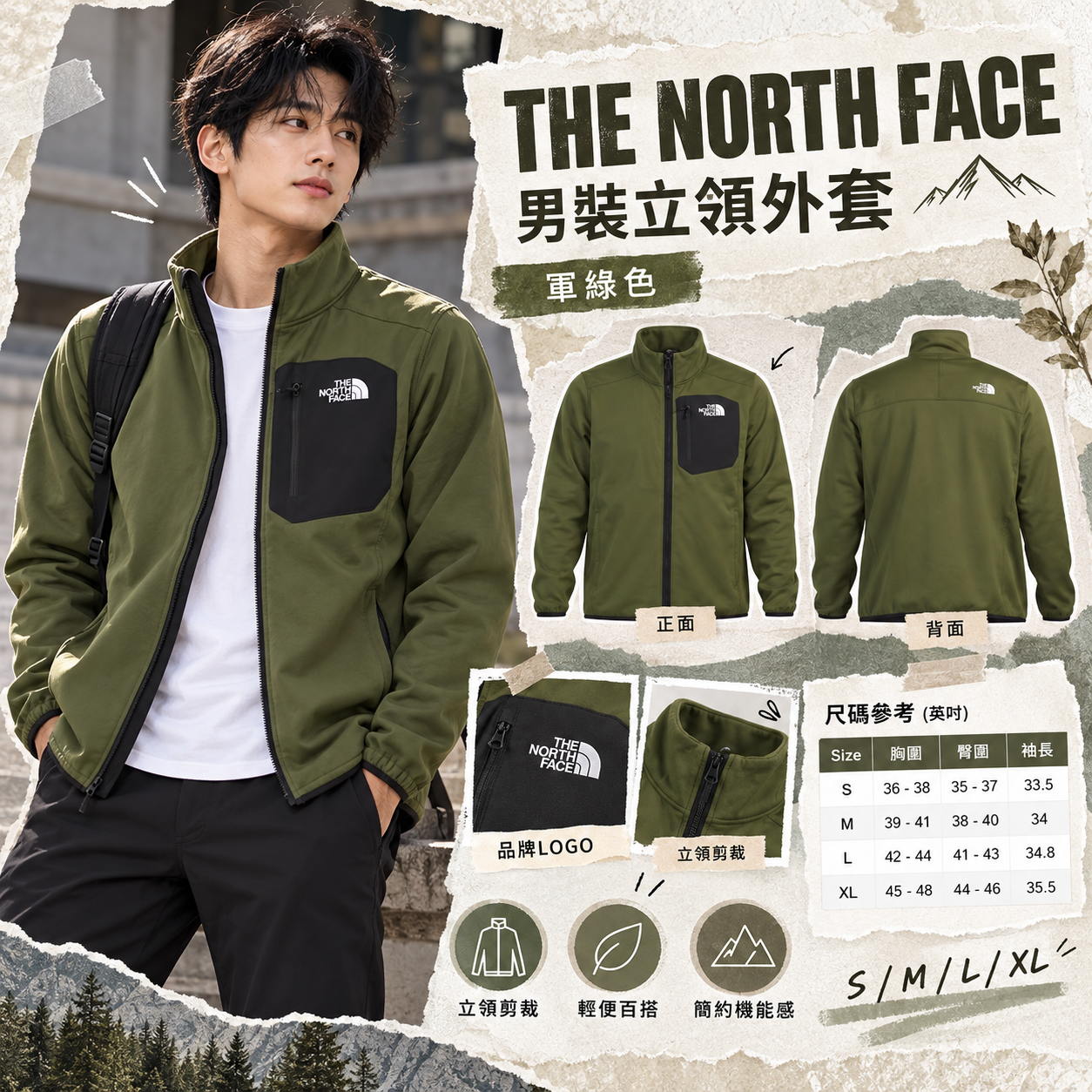 【預購】THE NORTH FACE N101048 男裝拉鏈立領外套 (軍綠色)