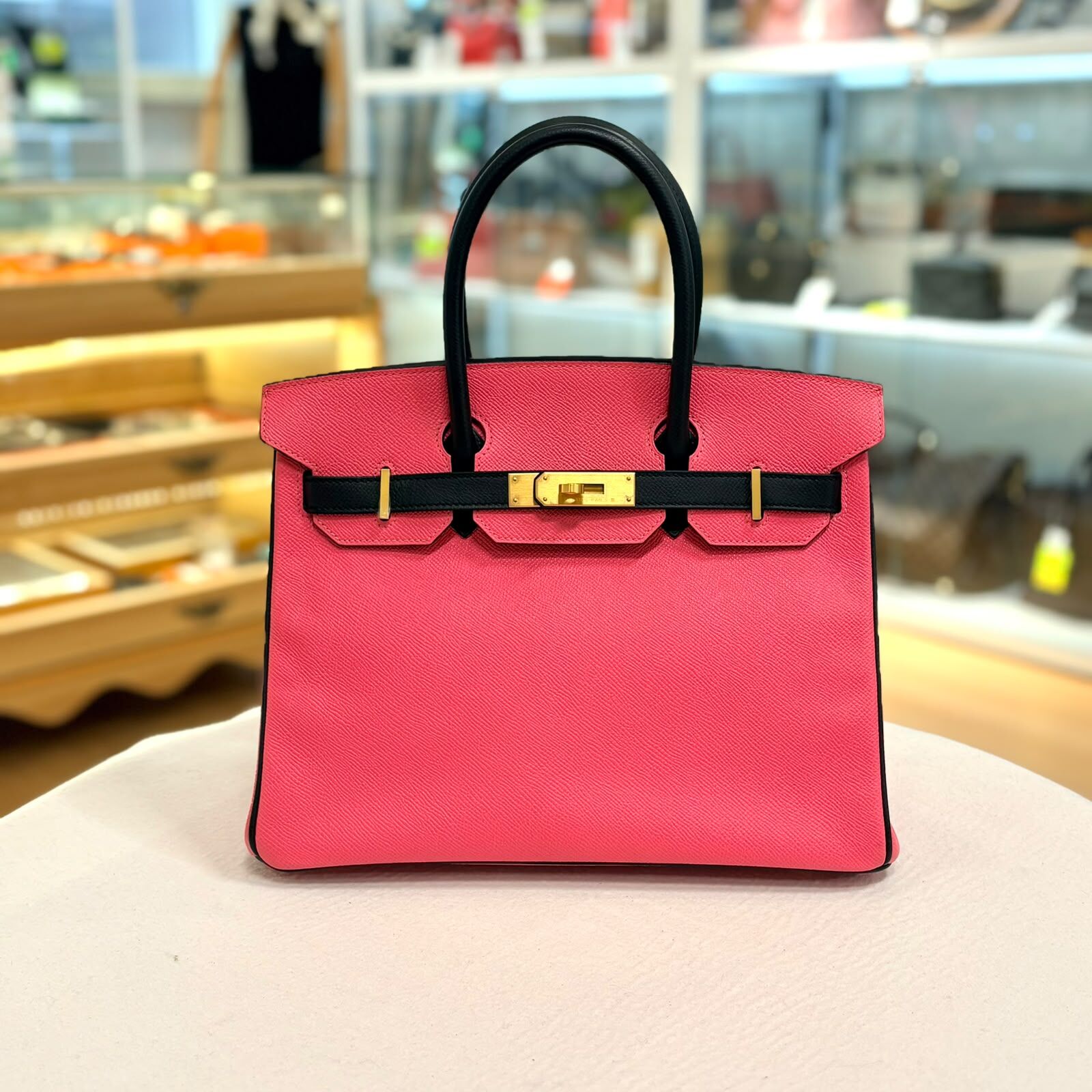 訂製款!!! 99.9%NEW USED HERMES BIRKIN 30 Epsom, Rose Azalee GHW , 唇膏粉拼黑色 磨砂金扣, #B30 #香榭站正品