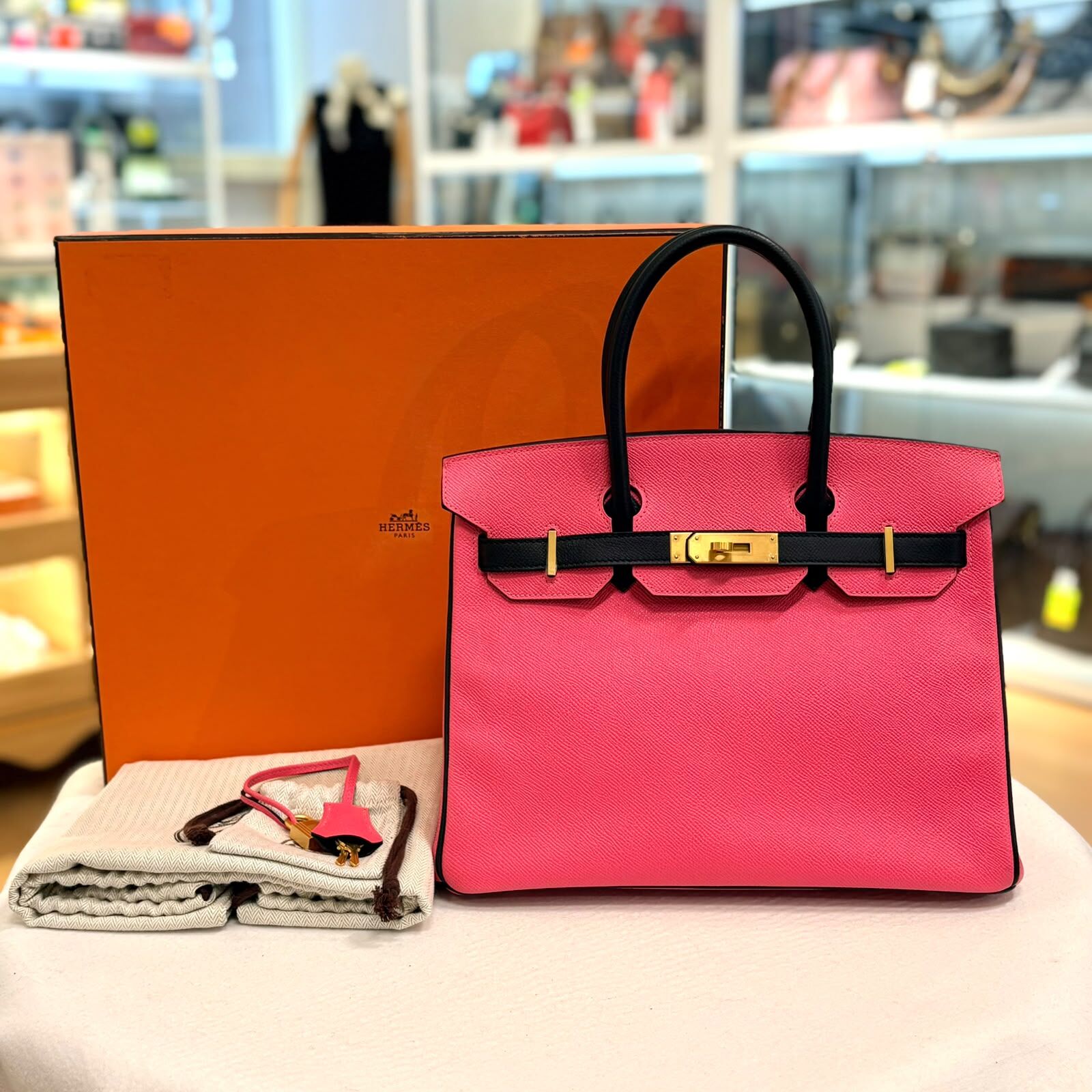訂製款!!! 99.9%NEW USED HERMES BIRKIN 30 Epsom, Rose Azalee GHW , 唇膏粉拼黑色 磨砂金扣, #B30 #香榭站正品