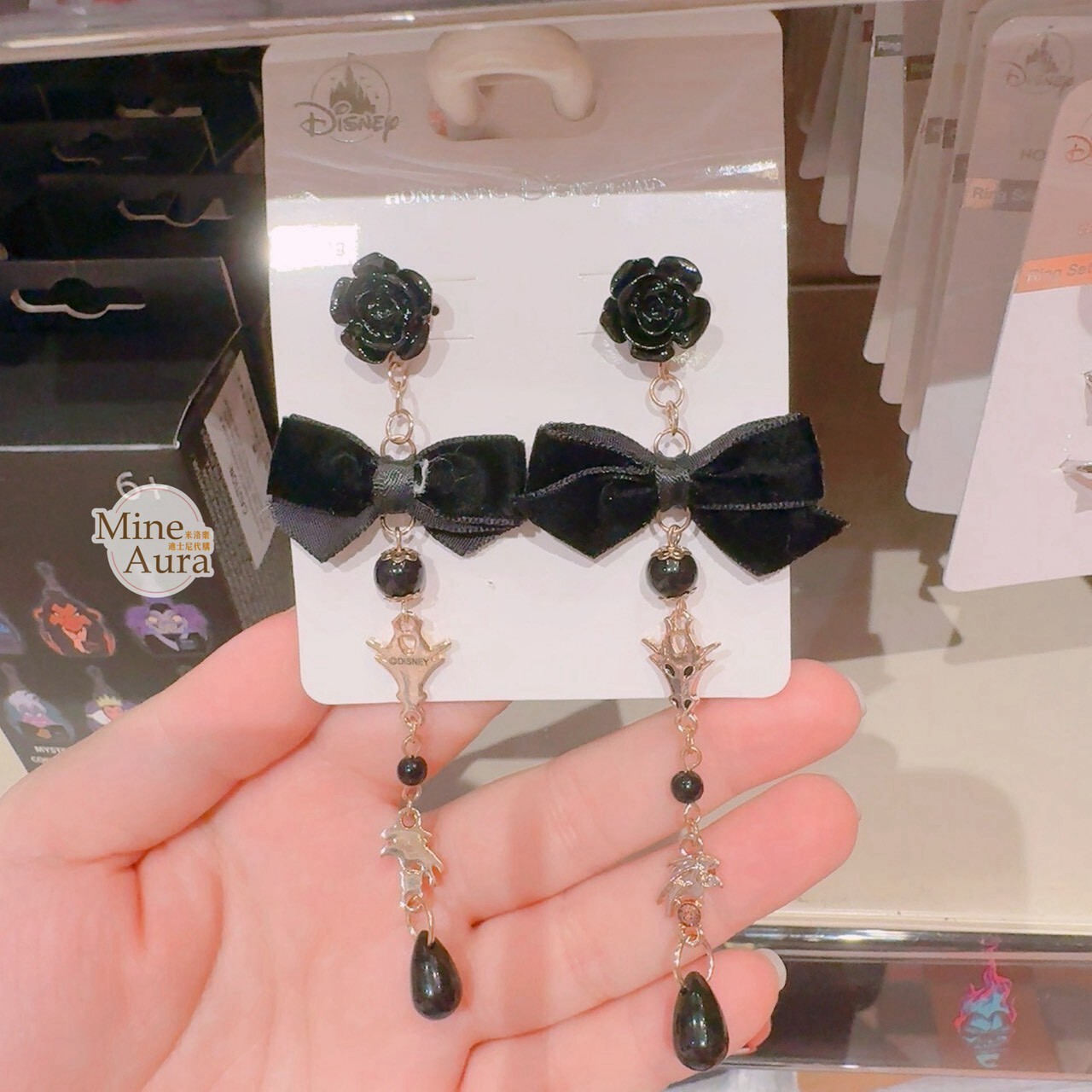 2026 萬聖節限定 黑魔女 梅菲瑟 Maleficent 噴火龍 黑色蝴蝶結 造型 耳環 首飾 -香港迪士尼樂園