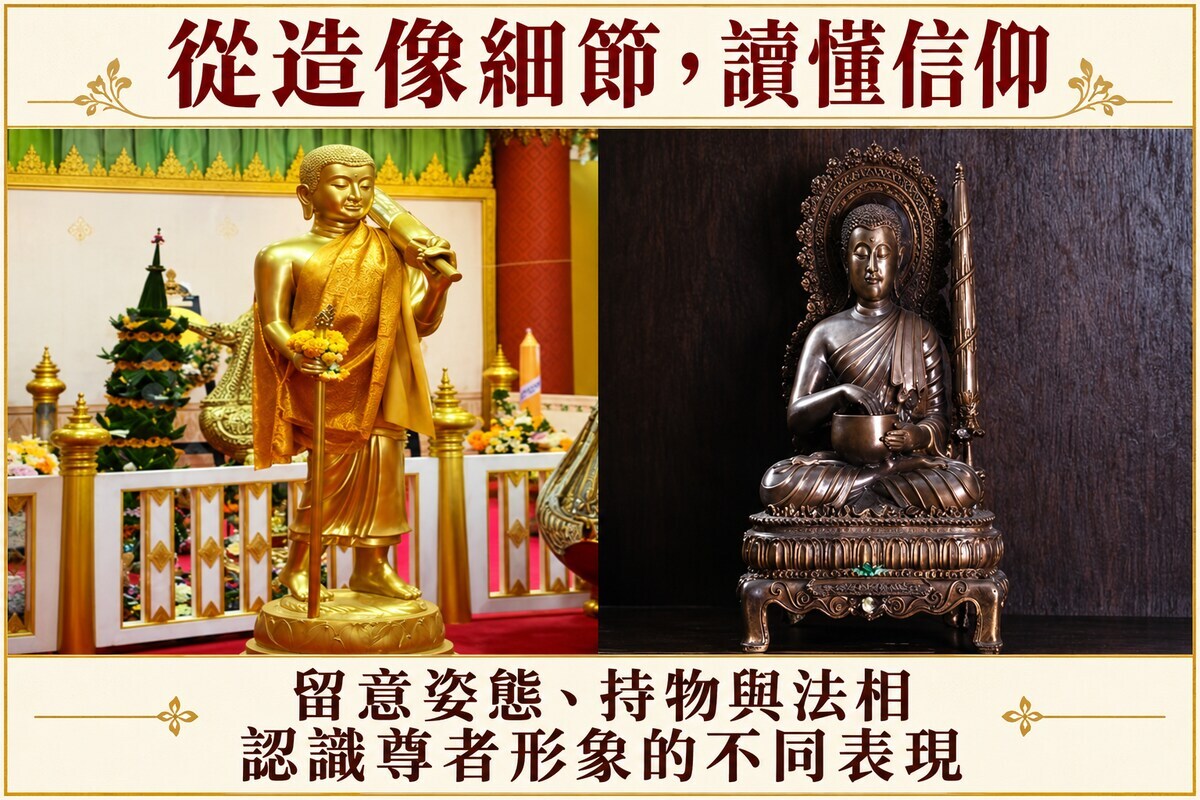 原有尊者造像組圖:金色站像與深色坐像