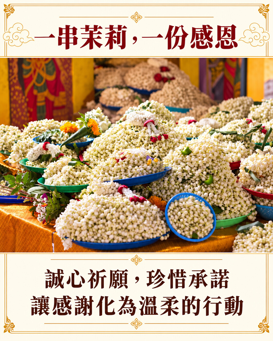 佛前茉莉花供品與感恩主題圖