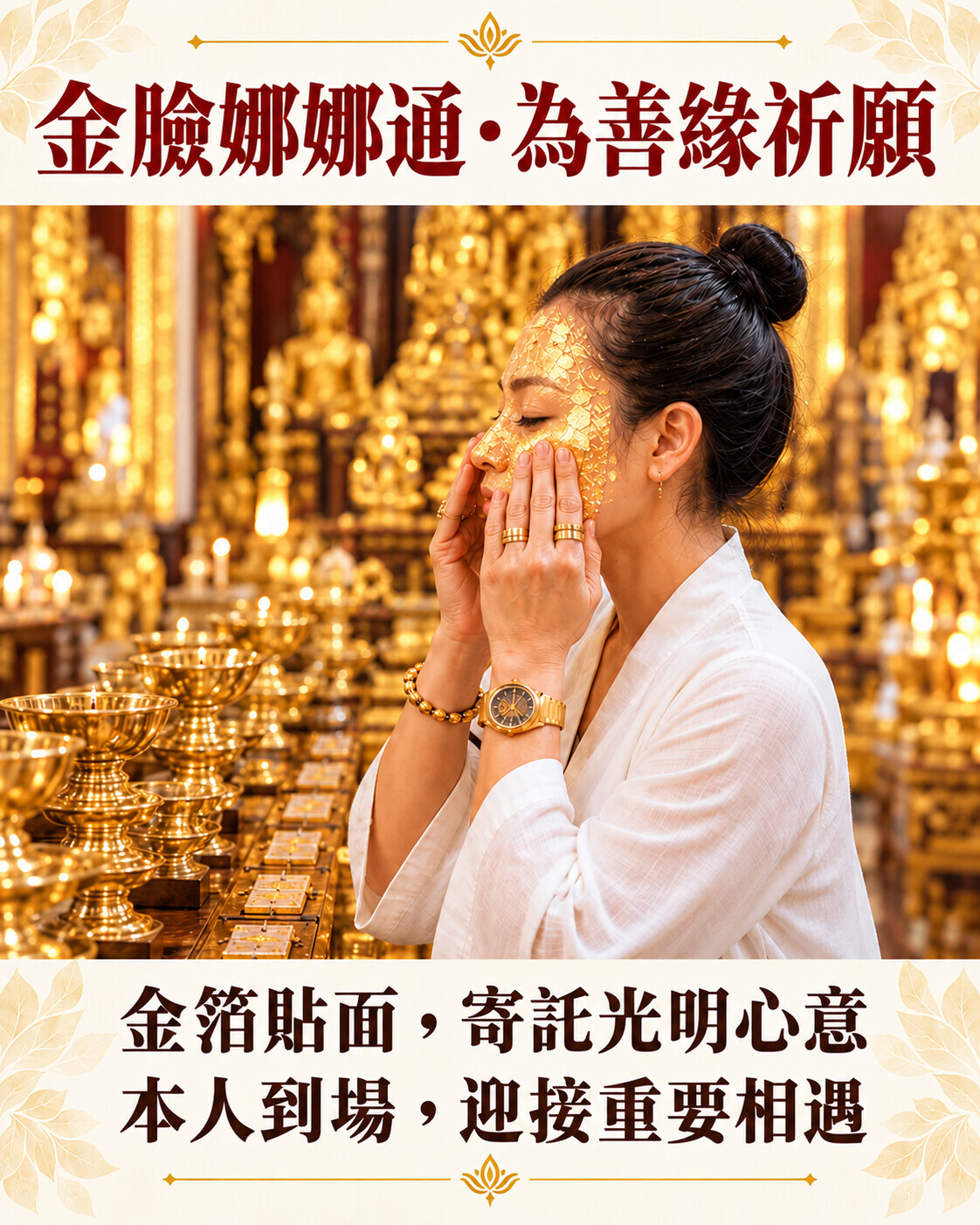 女性臉部直接貼附薄金箔的人緣祈願示意圖