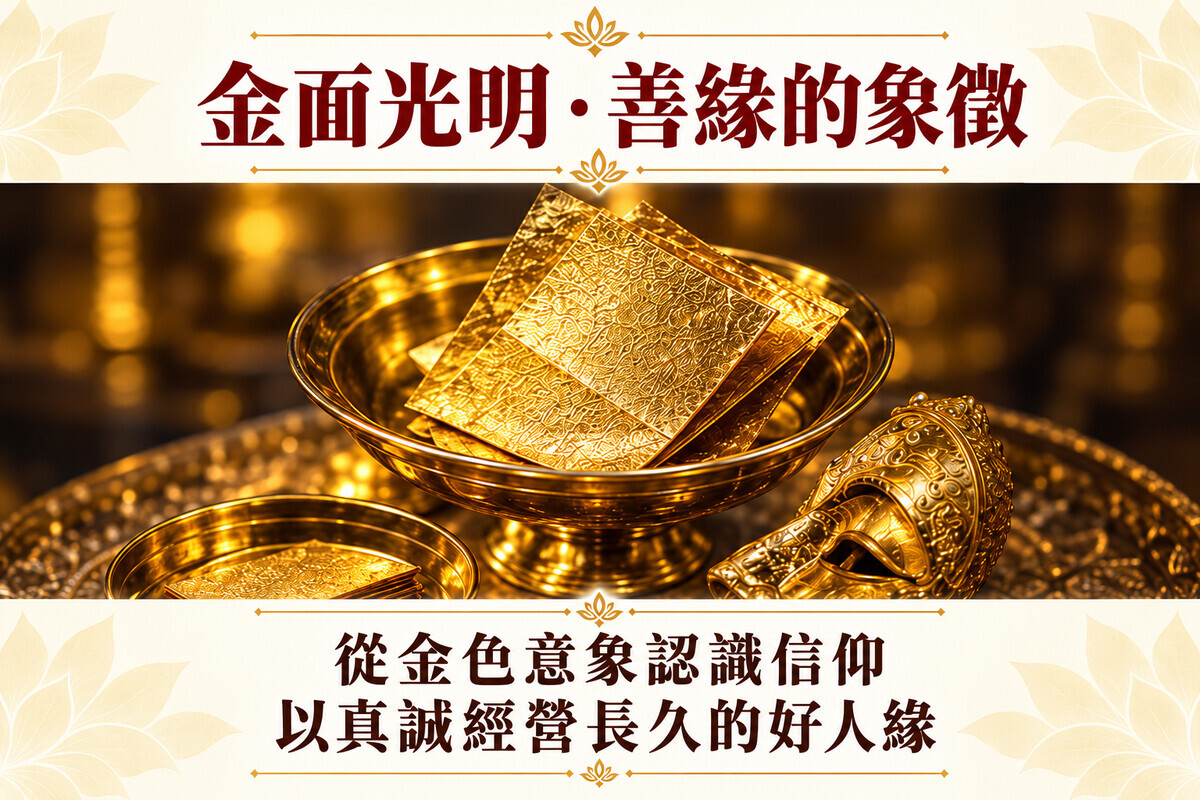金色面相、金箔與供盤的光明意象設計