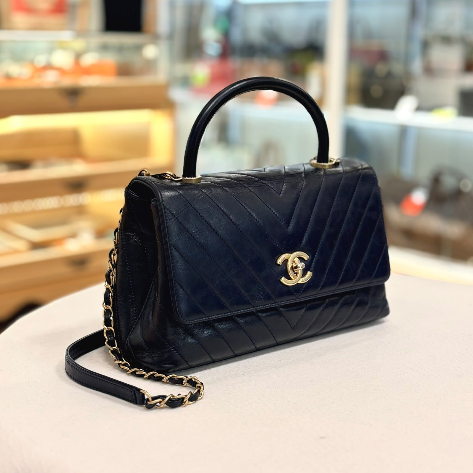 95%NEW USED CHANEL COCO HANDLE 大號 深藍色油蠟皮金扣 #香榭站正品