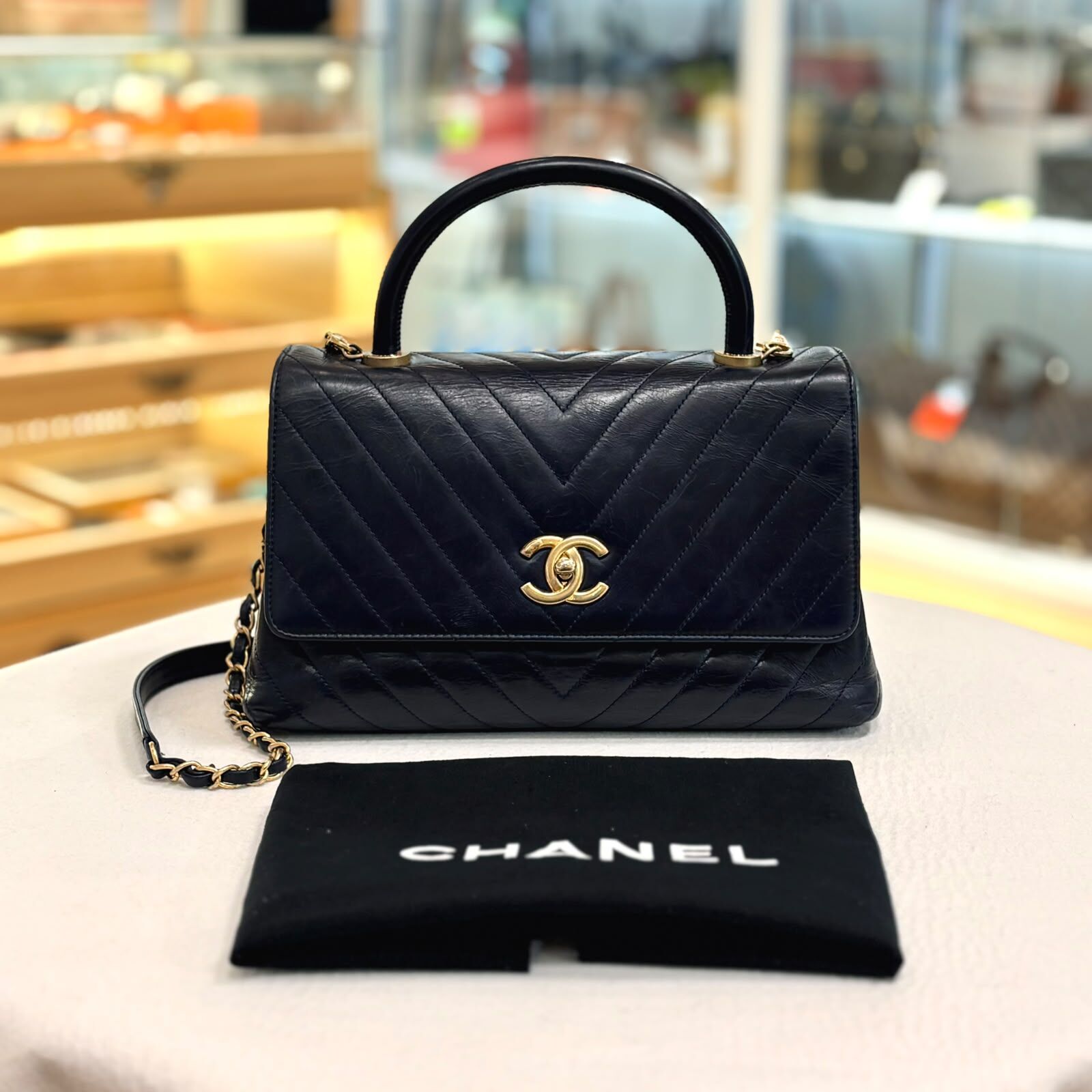 95%NEW USED CHANEL COCO HANDLE 大號 深藍色油蠟皮金扣 #香榭站正品