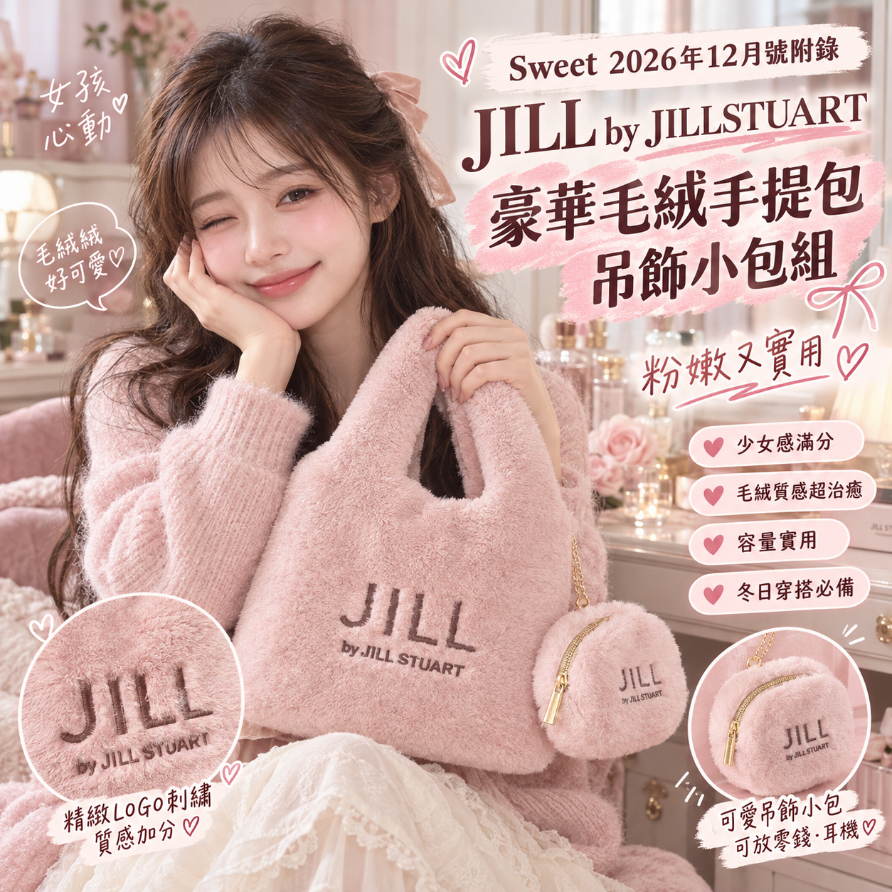 【預購】JM101019 Sweet 2026年12月號附錄｜JILL by JILLSTUART 豪華毛絨手提包＆吊飾小包組
