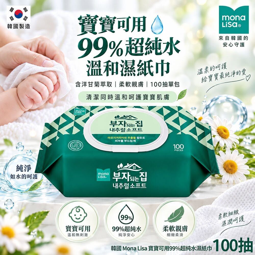WSBB13040    韓國 Mona Lisa 寶寶可用99%超純水濕紙巾 100抽(1套2包)（12月上旬）