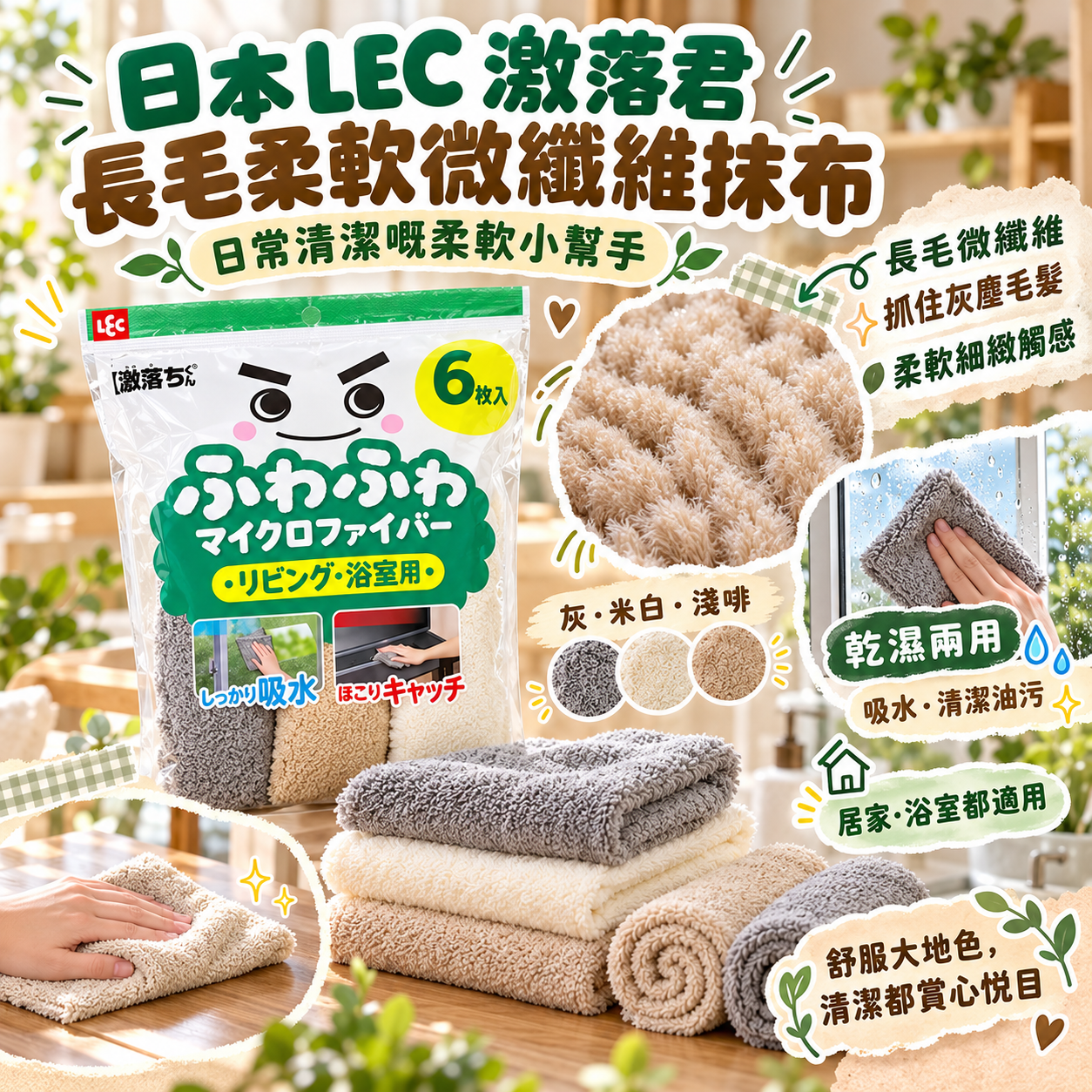 【預訂】AB101004 日本 LEC 激落君｜長毛柔軟微纖維清潔布｜6片裝