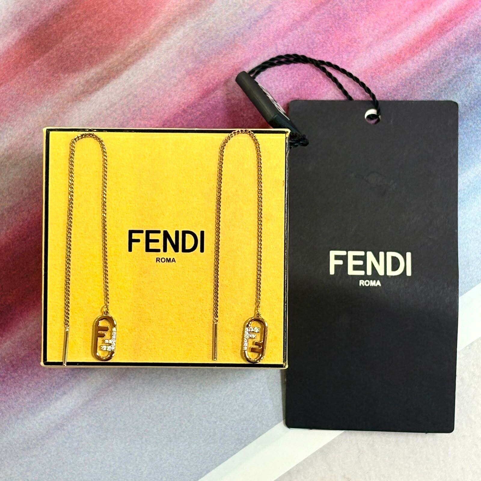 全新FENDI耳環,(12 x 1.5cm ), 8AH328, O'Lock Earrings, 金色垂墜水鑽, #BRAND NEW #香榭站正品
