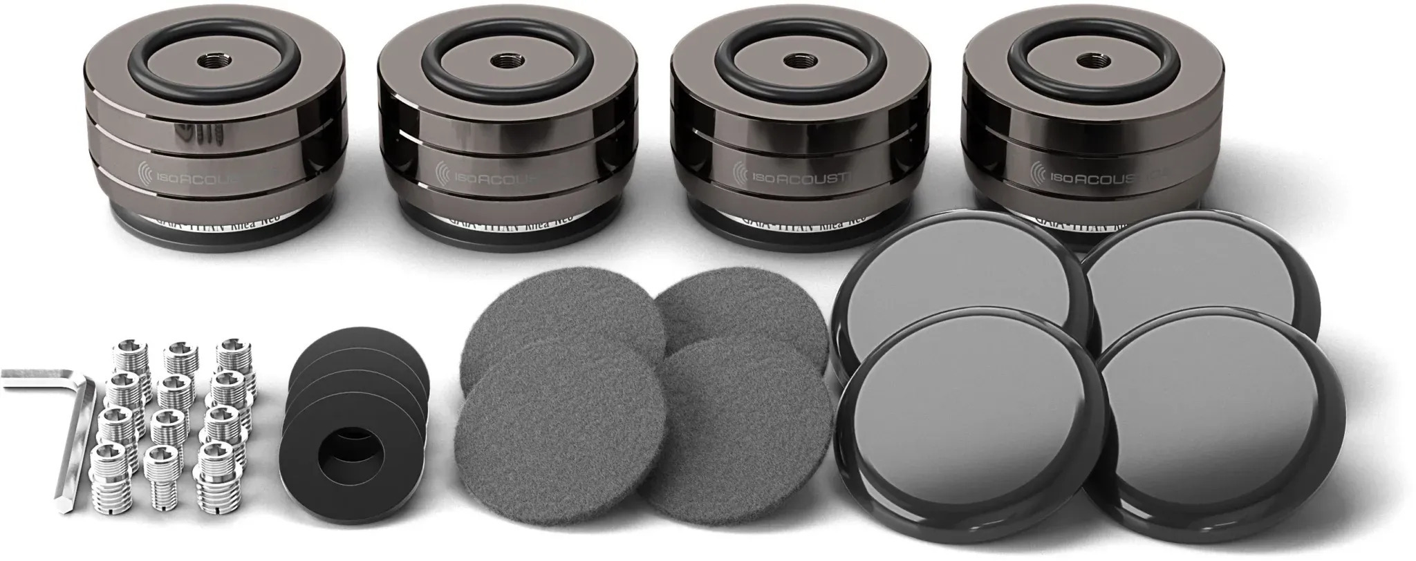 IsoAcoustics GAIA-TITAN Theis Neo Speaker Isolators 落地式避震喇叭腳 Each set of four GAIA-TITAN Neo isolators includes the key accessories needed for installation and positioning.