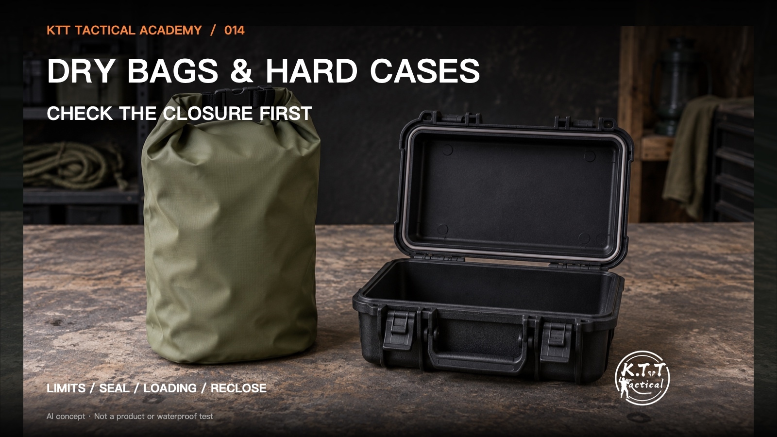 AI-generated generic roll-top bag and open protective case on a workbench