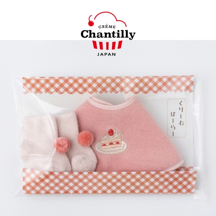 【日本 crème chantilly】圍兜＆襪子禮盒組－草莓蛋糕｜粉色