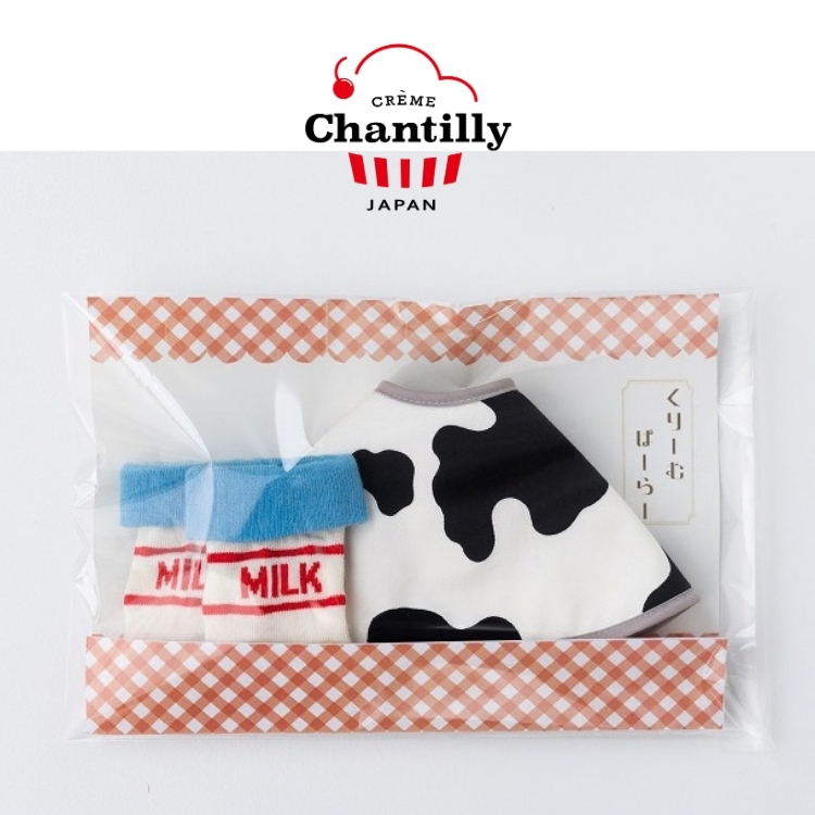 【日本 crème chantilly】圍兜＆襪子禮盒組－牛奶｜奶白色