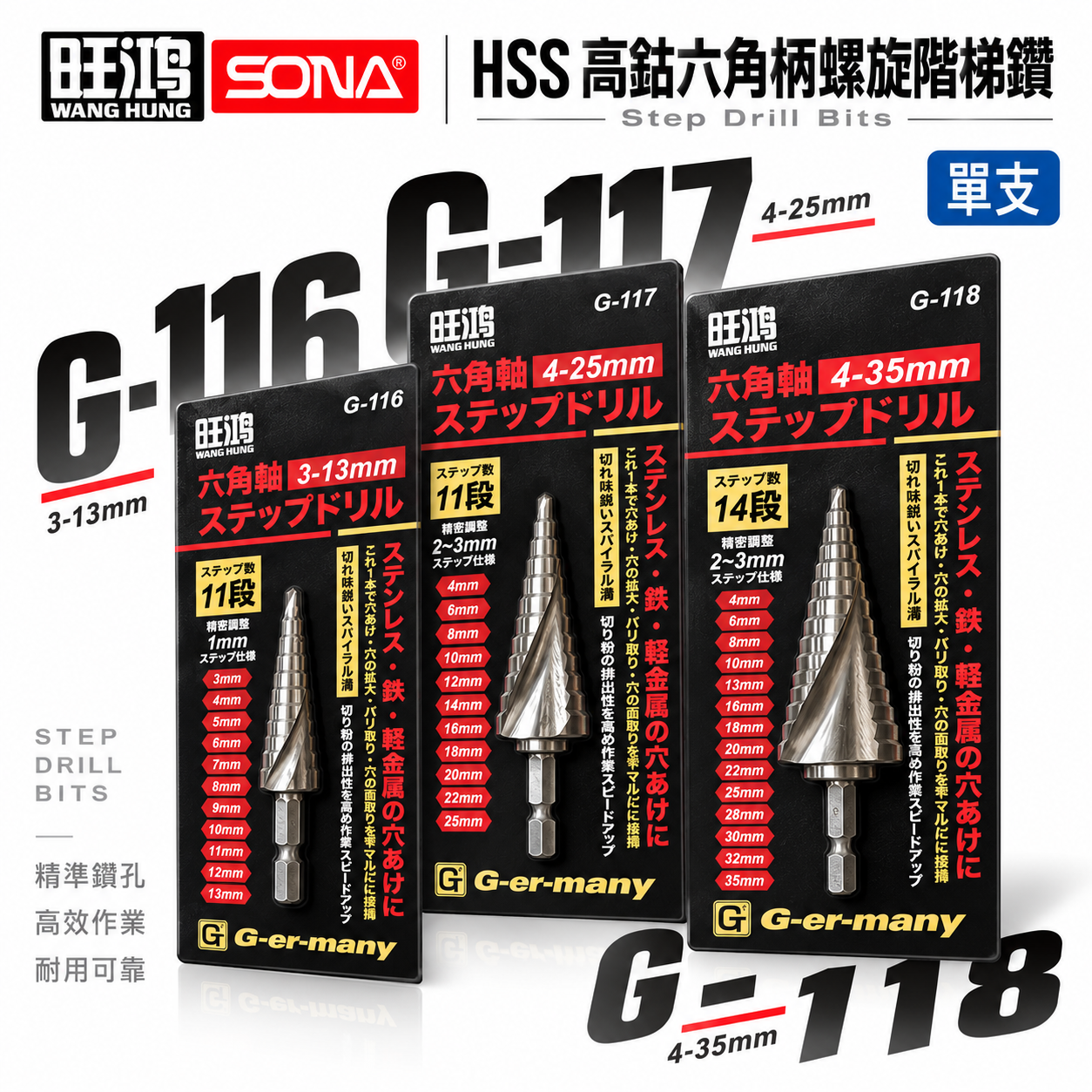 旺鴻 SONA｜精密型｜六角柄高鈷階梯鑽頭 螺旋階梯鑽尾 階梯鑽 六角軸圓穴鑽｜3-13mm｜4-25mm｜4-35mm｜G-116 G-117 G-118