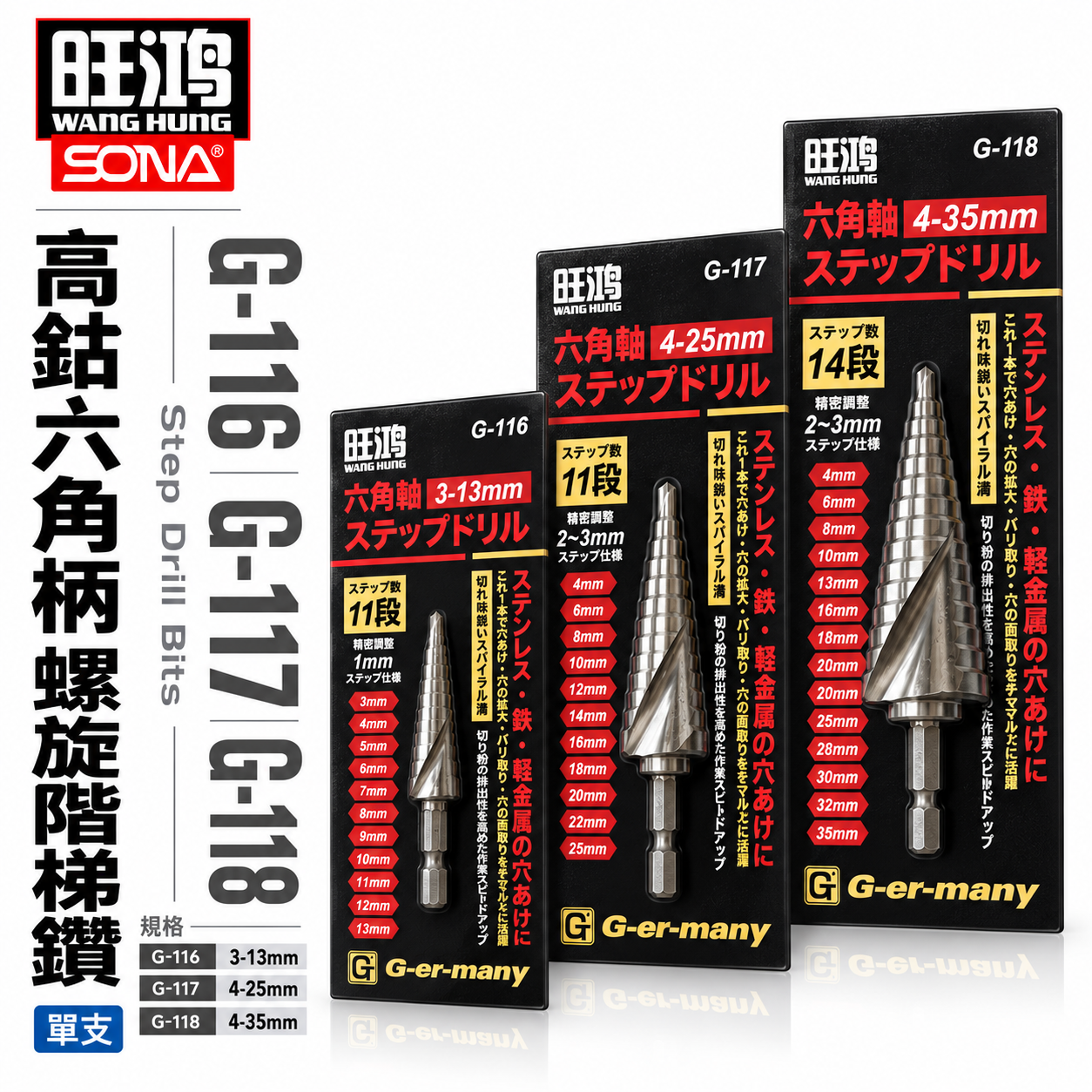 旺鴻 SONA｜精密型｜六角柄高鈷階梯鑽頭 螺旋階梯鑽尾 階梯鑽 六角軸圓穴鑽｜3-13mm｜4-25mm｜4-35mm｜G-116 G-117 G-118